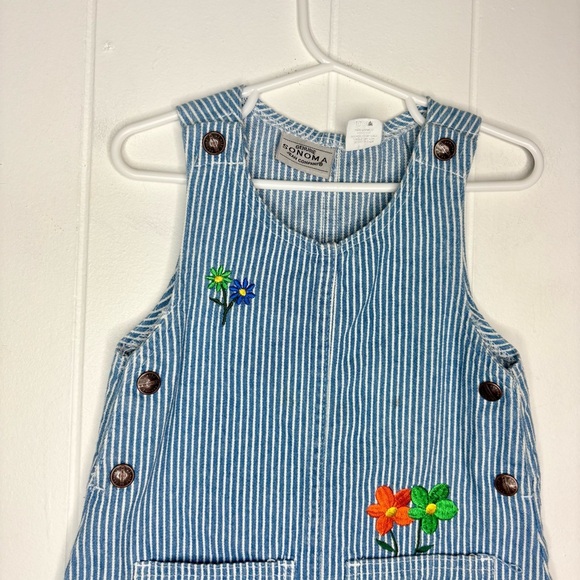 VINTAGE 90’s Railroad Stripe Denim Dress Embroidered Floral Buttons Girl’s 2T - Picture 2 of 6